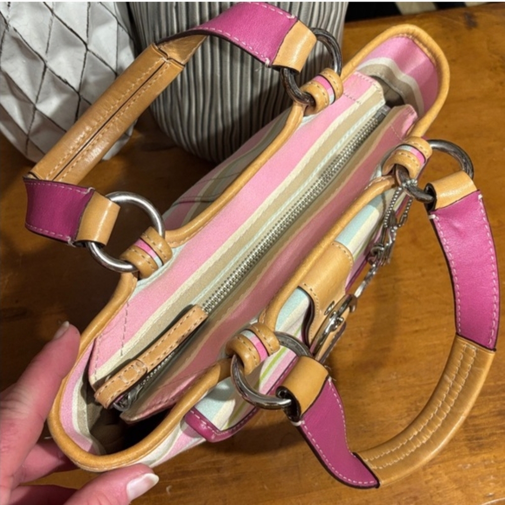 Coach Striped Signature Small Tote in Pink and Tan - Picture 8 of 12